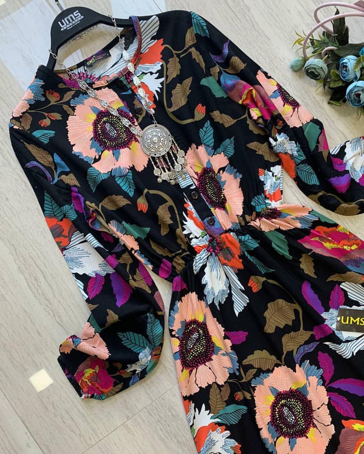 Çiçekli dokuma Viskon elbise - Görsel 2