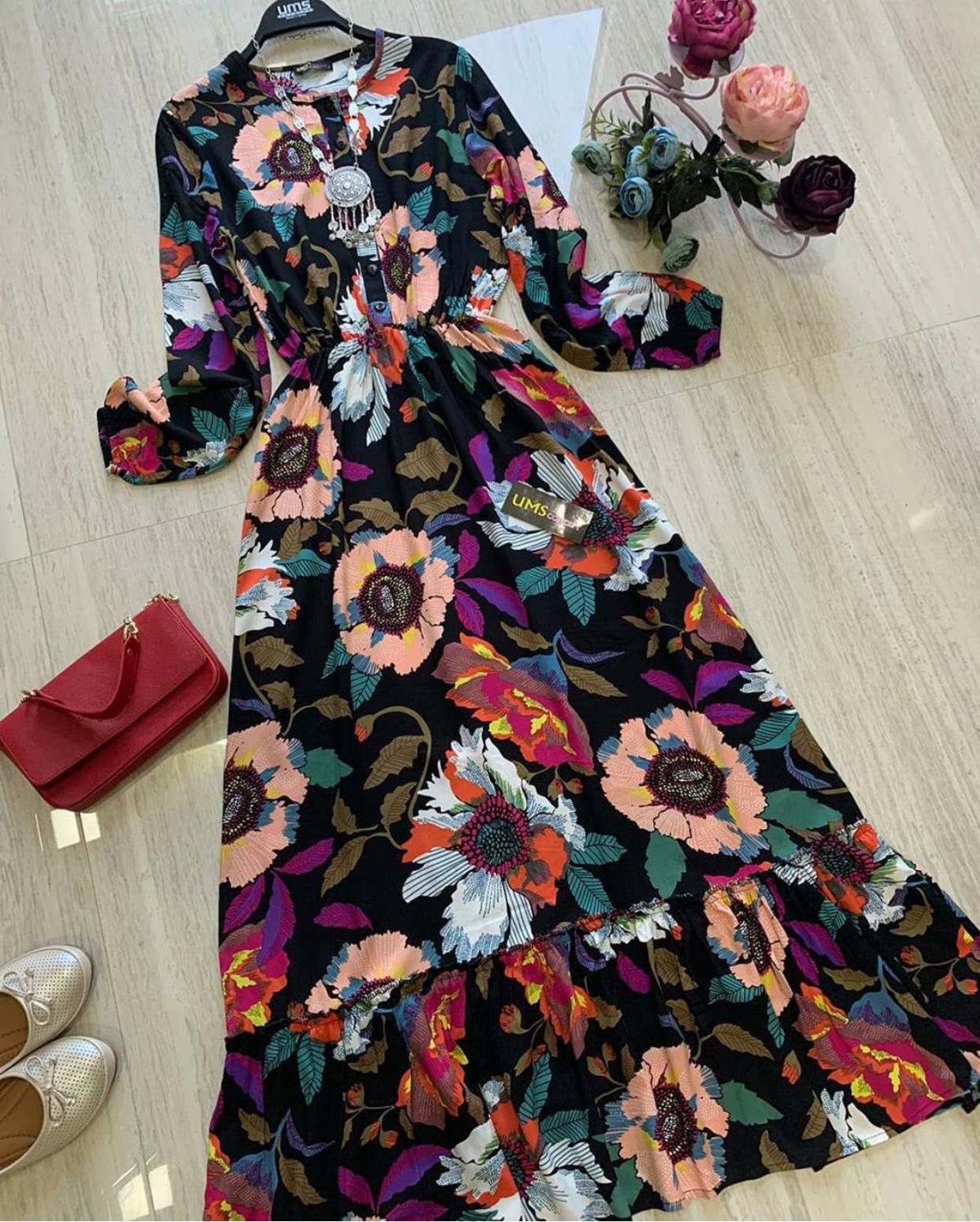 Çiçekli dokuma Viskon elbise - Görsel 3