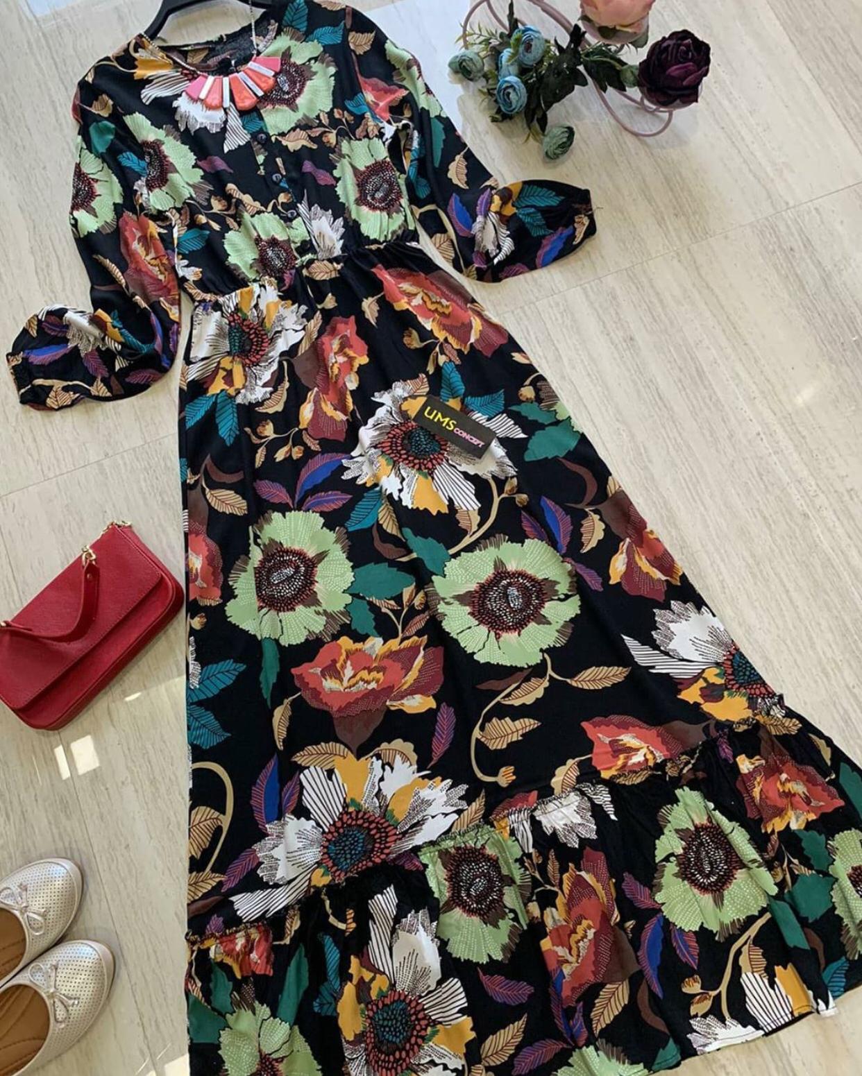 Çiçekli dokuma Viskon elbise