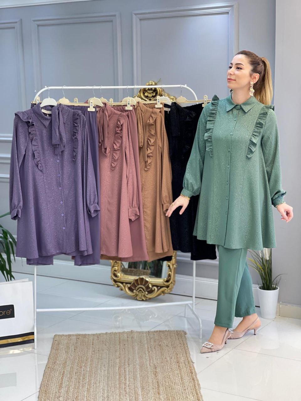 Krep kumaş tunik pantolon takım - Görsel 6