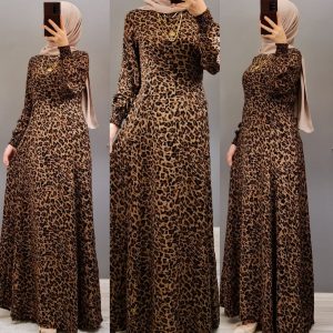 Pamuklu viskon leopar desenli elbise