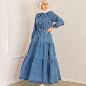 Belden bağcıklı kot elbise