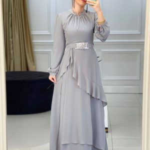Şifon kumaş elbise taş kemerli