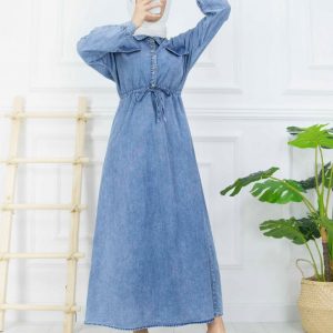 Beli  bağcıkllı kot elbise