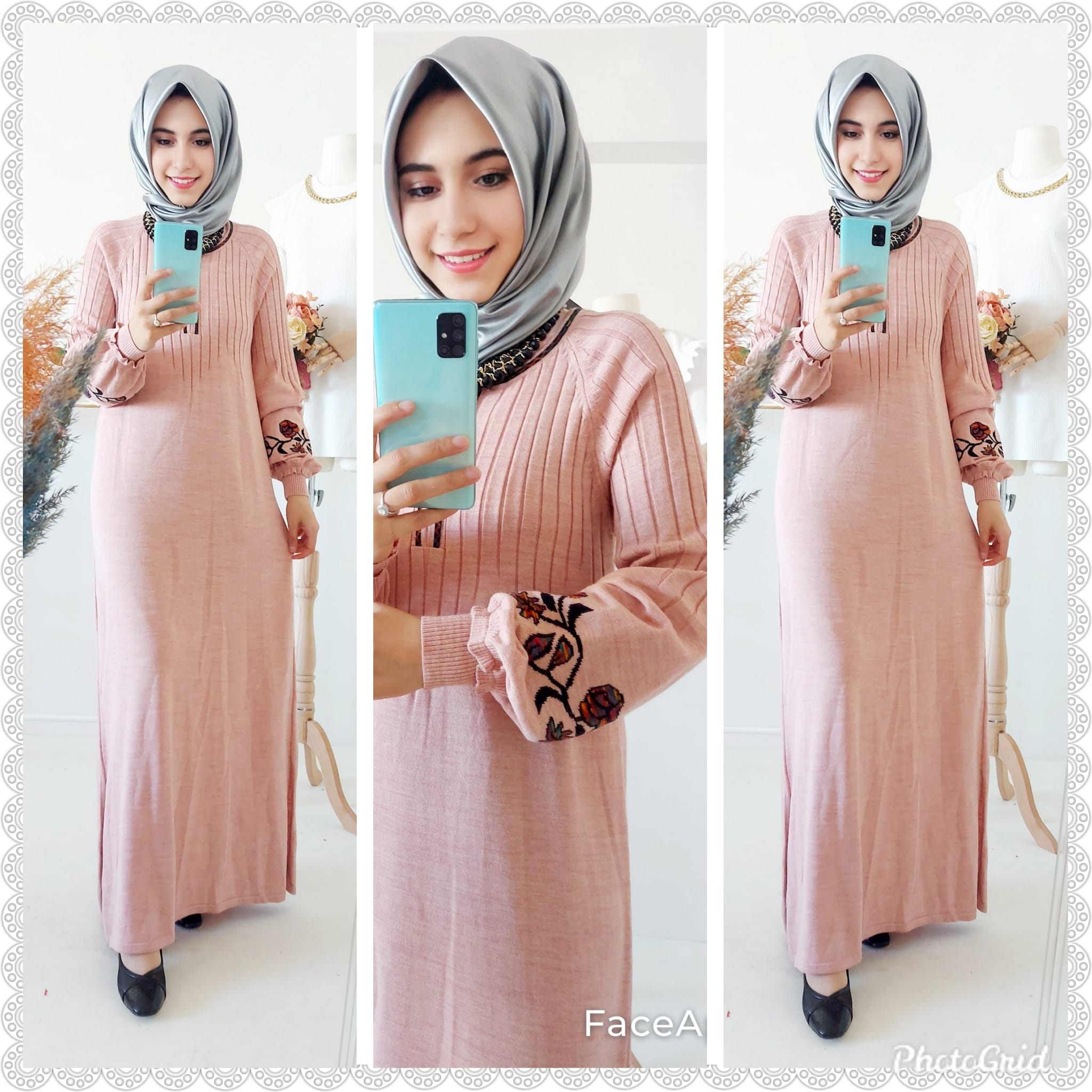 Kolları işlemeli triko elbise