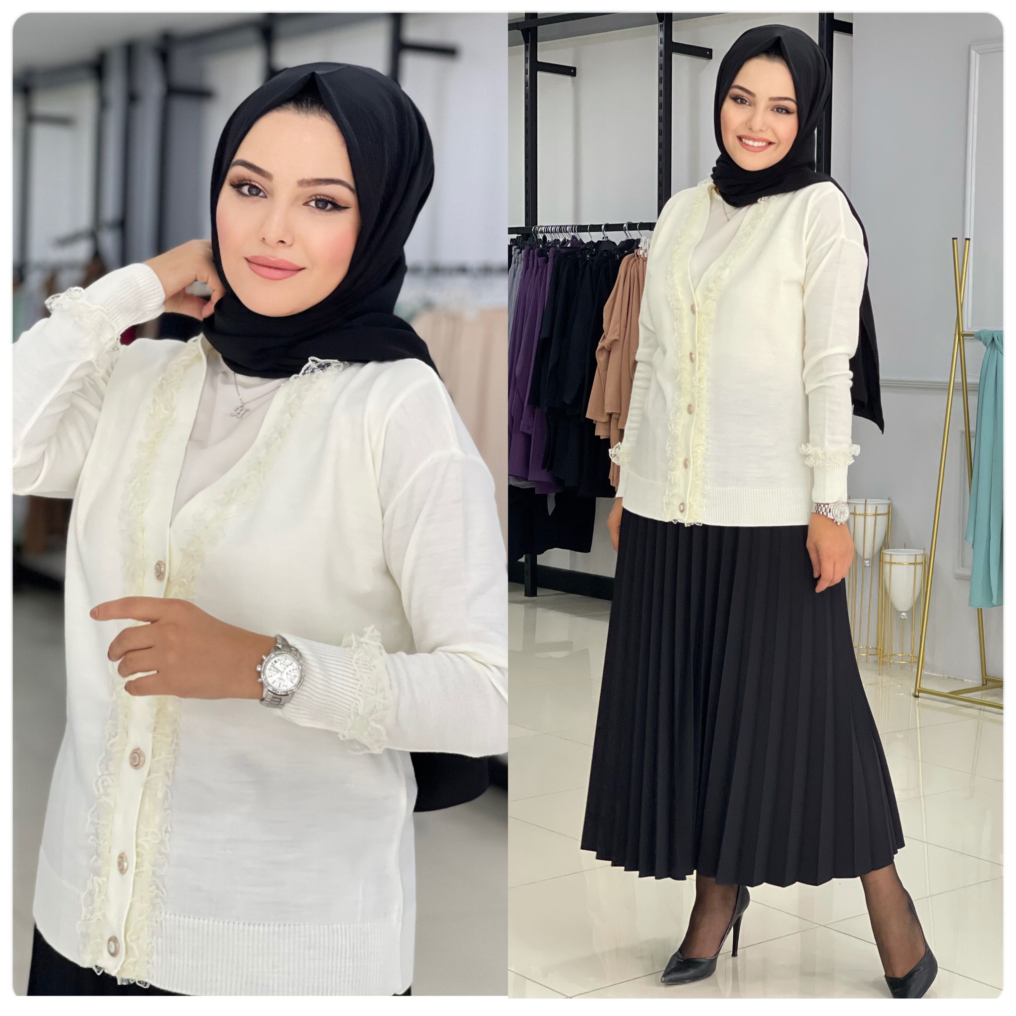 Dantel detaylı hırka etek kombin - Görsel 10