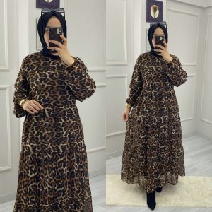 Büyük beden leopar şifon kumaş elbise