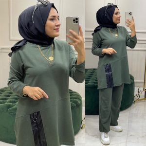 Deri detaylı spor tunik takım iki iplik