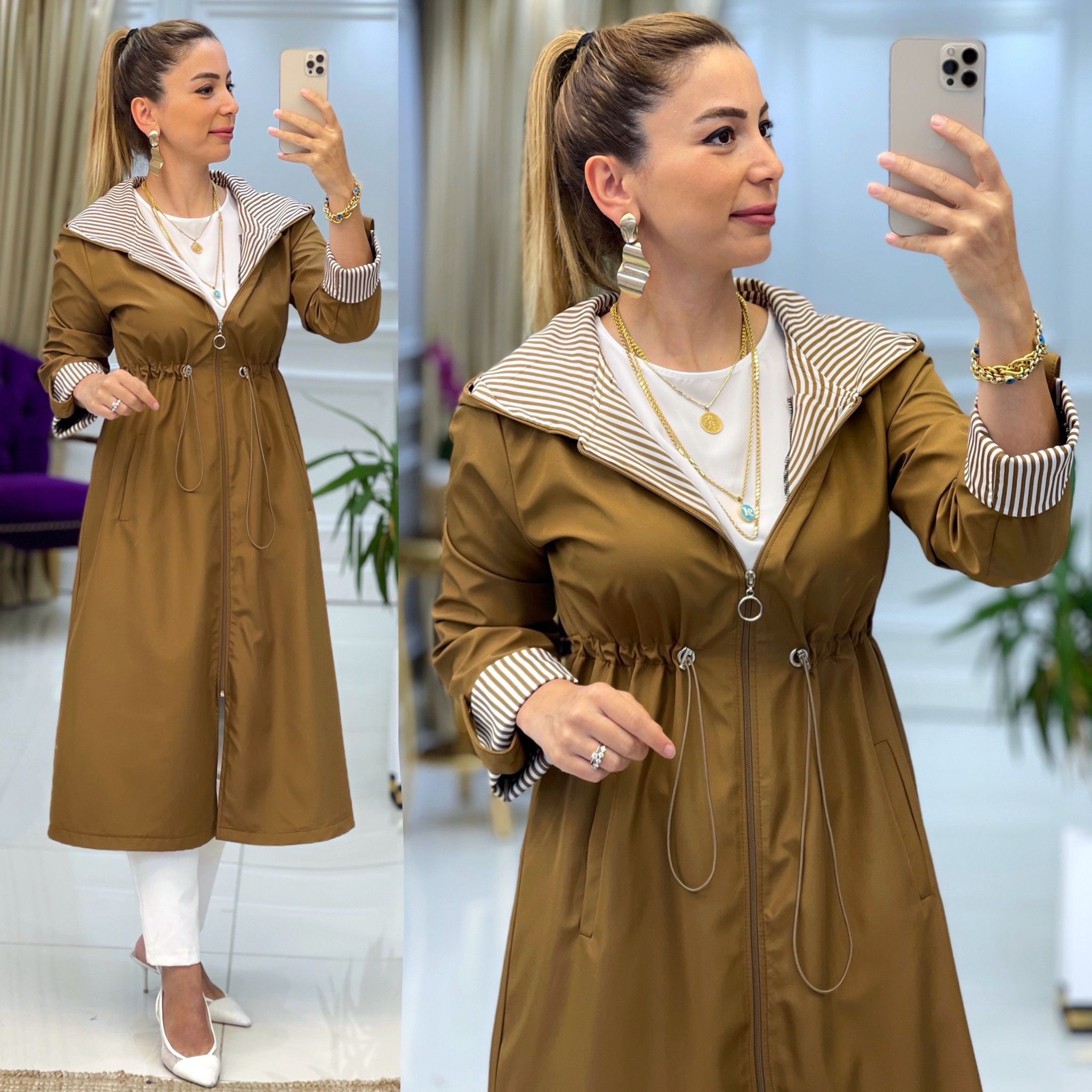 Kapşonlu fermuarlı spor trenç