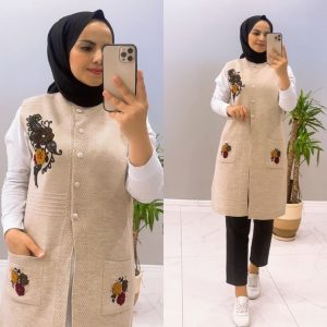 Nakışlı cepli tiriko yelek