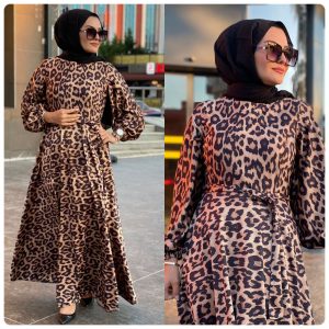 Leopar elbise yün efekt kumaş