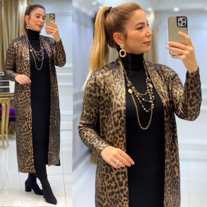 Varak baskılı leopar uzun hırka