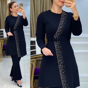 İnci ve taş işlemeli krep kumaş takım