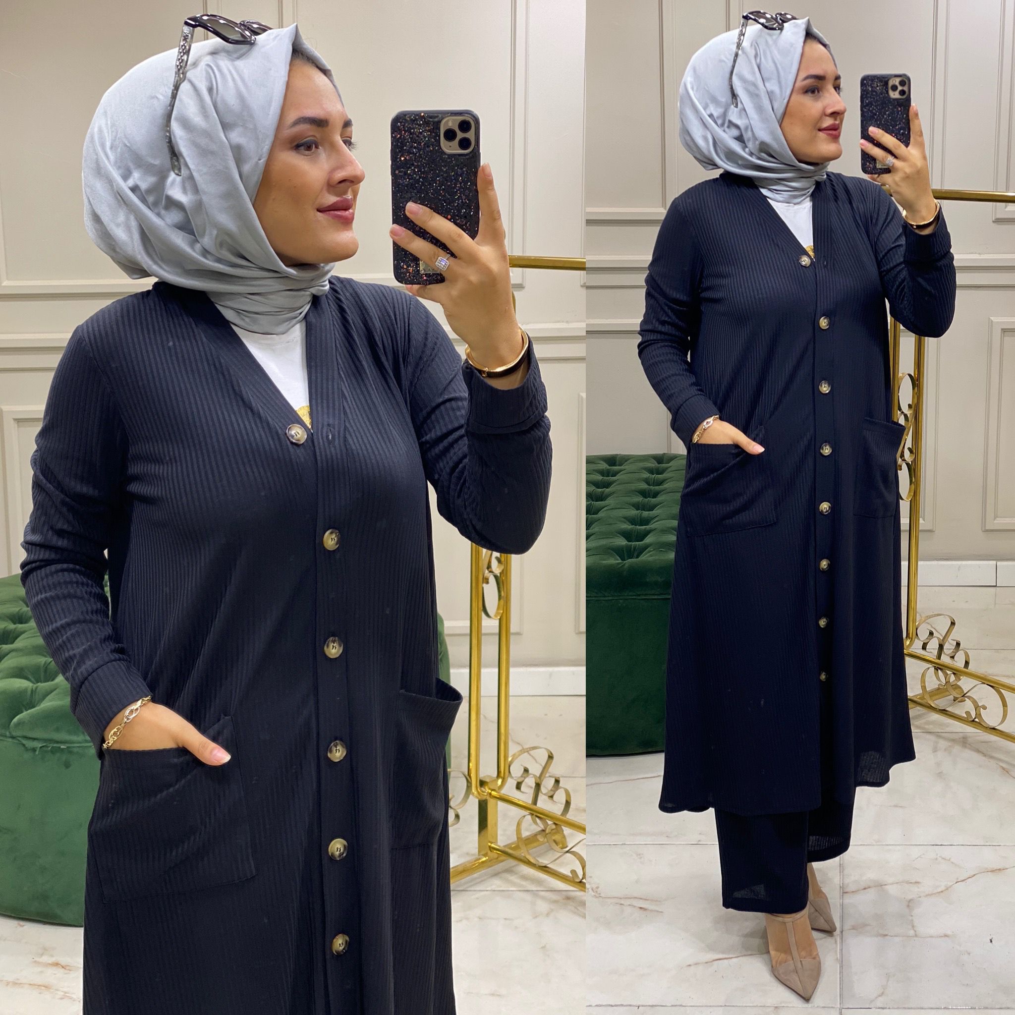 Fitilli örme kumaş hırka takım - Görsel 4