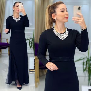 Tül detaylı krep kumaş elbise