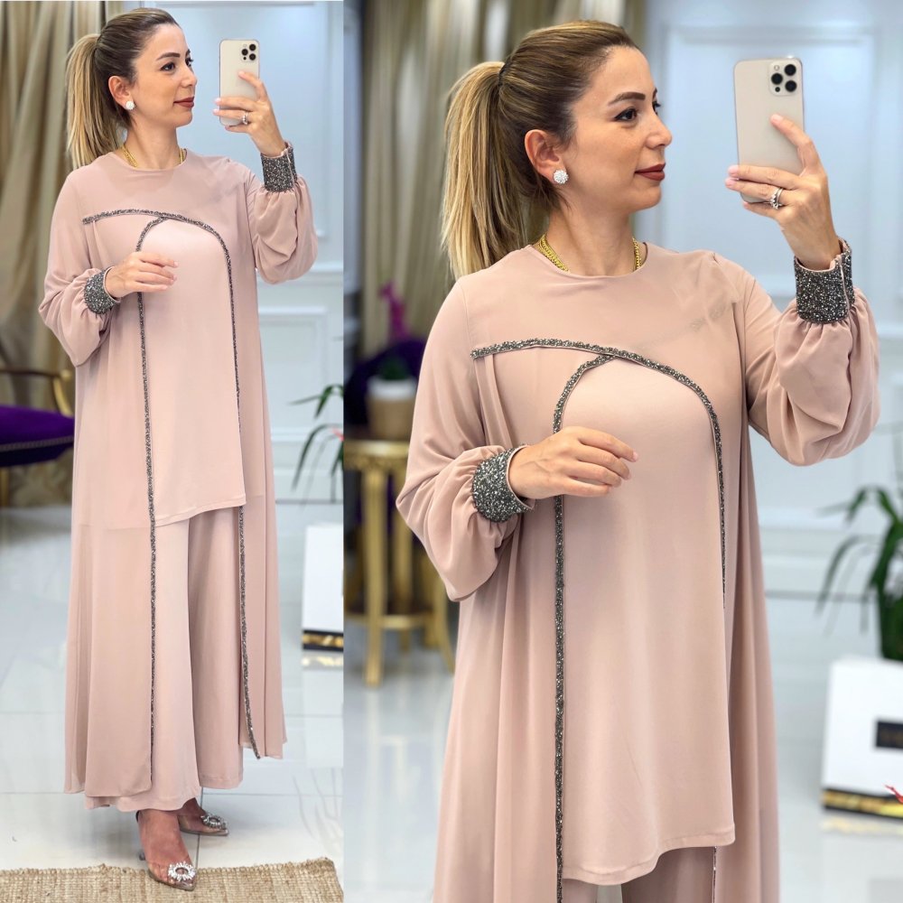 Şifon detaylı tunik takım