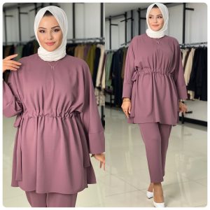 Belden bağcıklı krep tunik takım