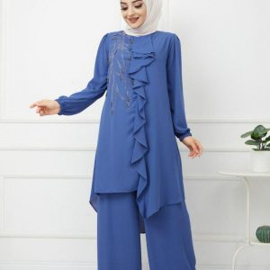 Fırfırlı pul payet işlemeli tunik takım