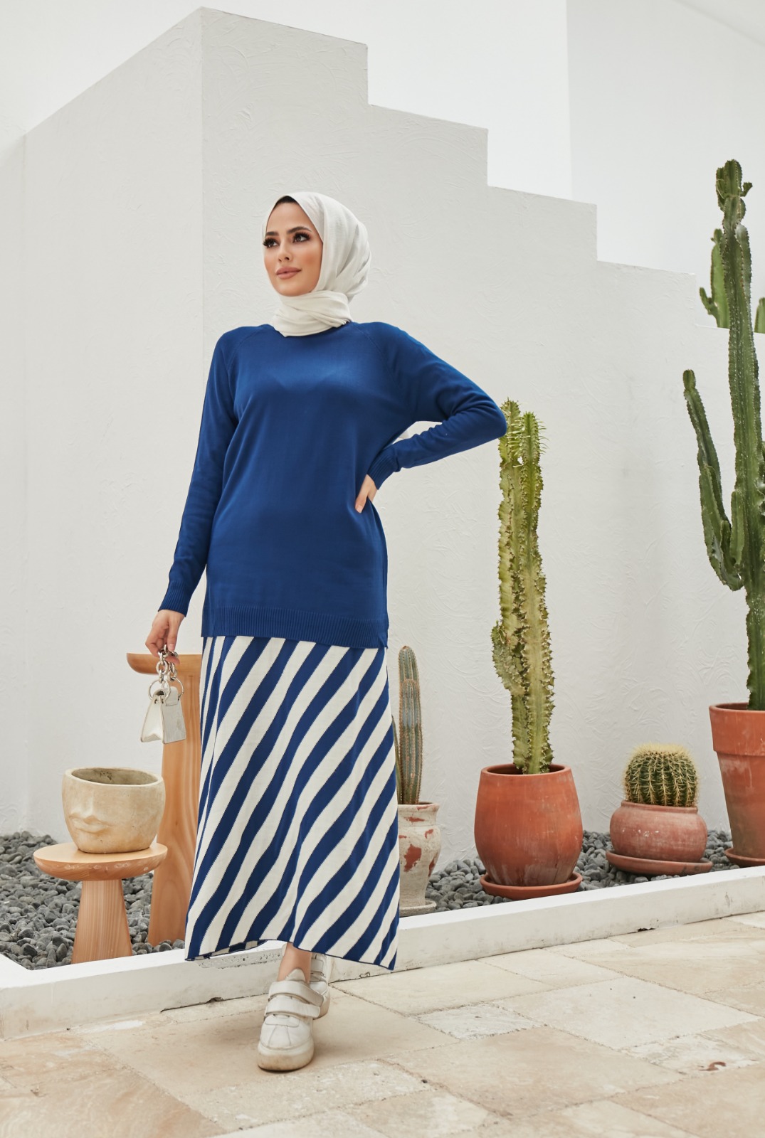 Şeritli etek bluz takım - Görsel 4