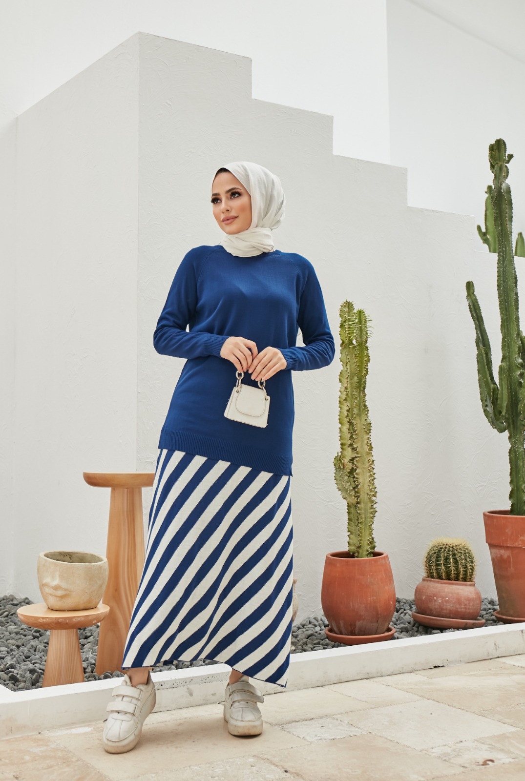 Şeritli etek bluz takım - Görsel 5