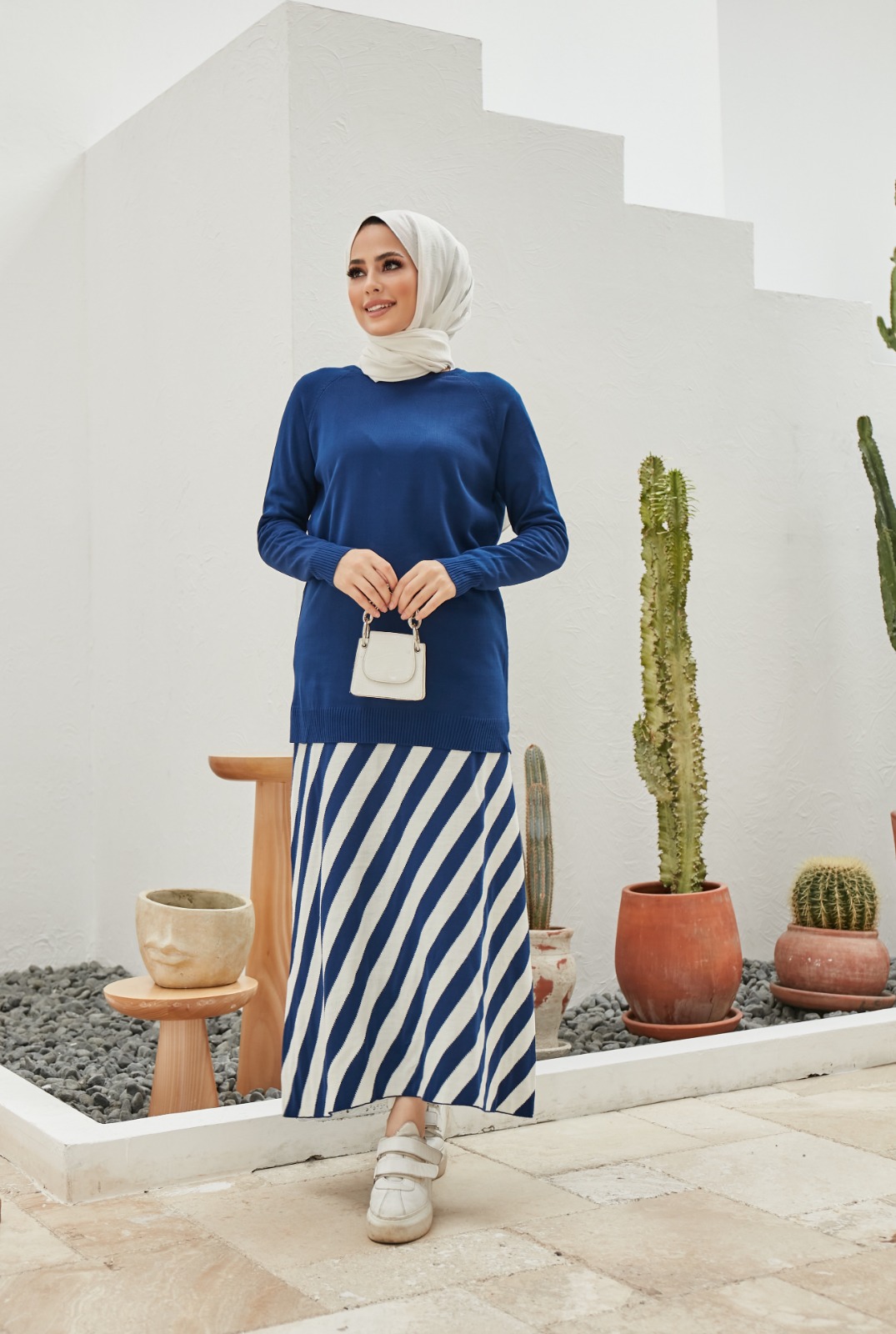 Şeritli etek bluz takım