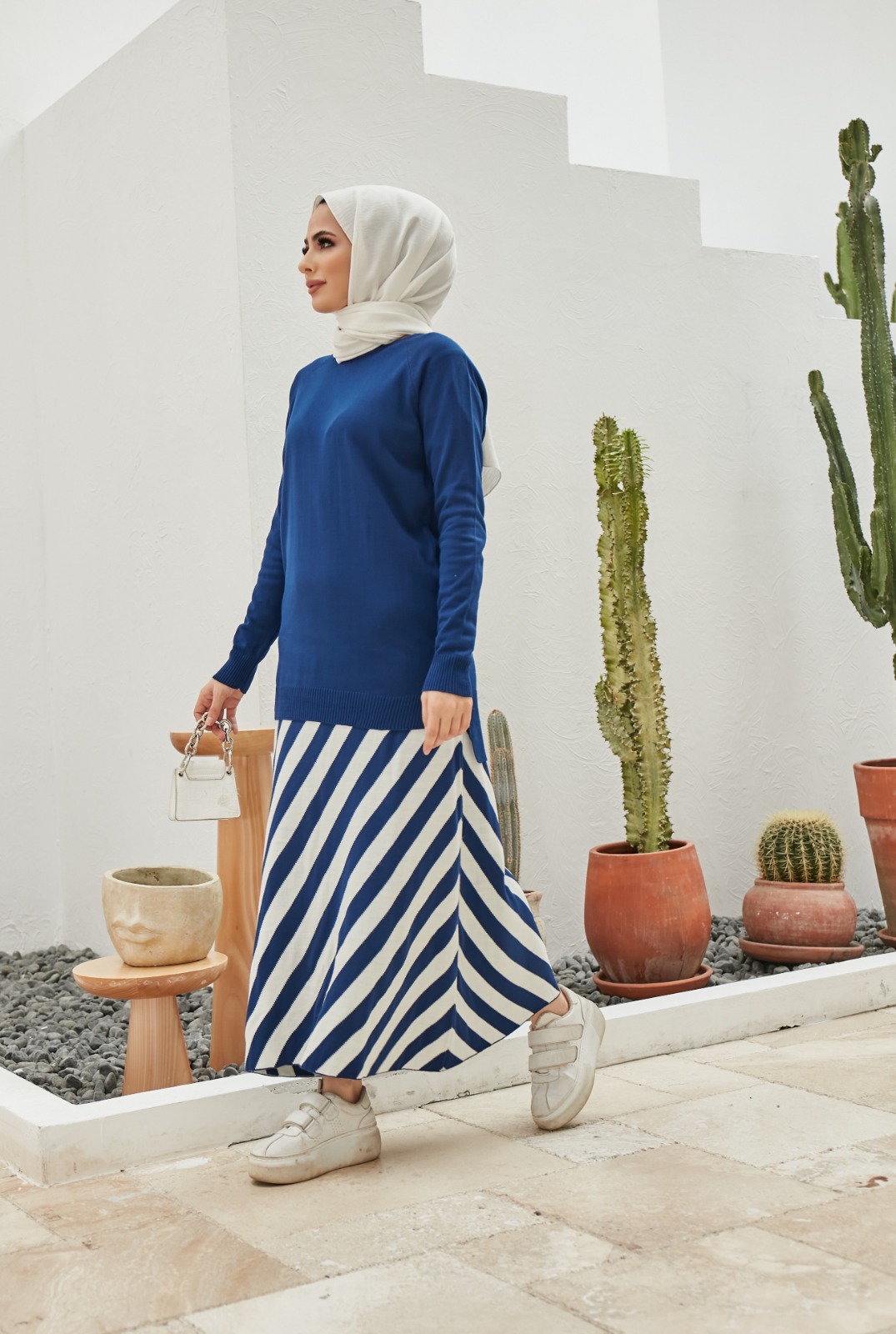 Şeritli etek bluz takım - Görsel 3