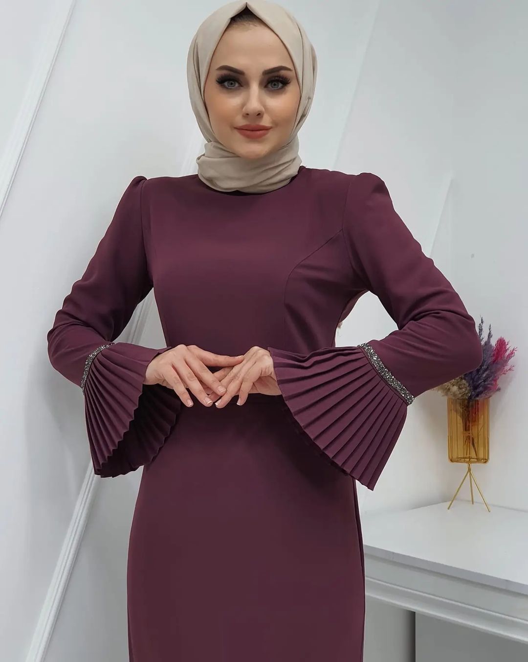 Beli taş detaylı elbise şifon kumaş - Görsel 12