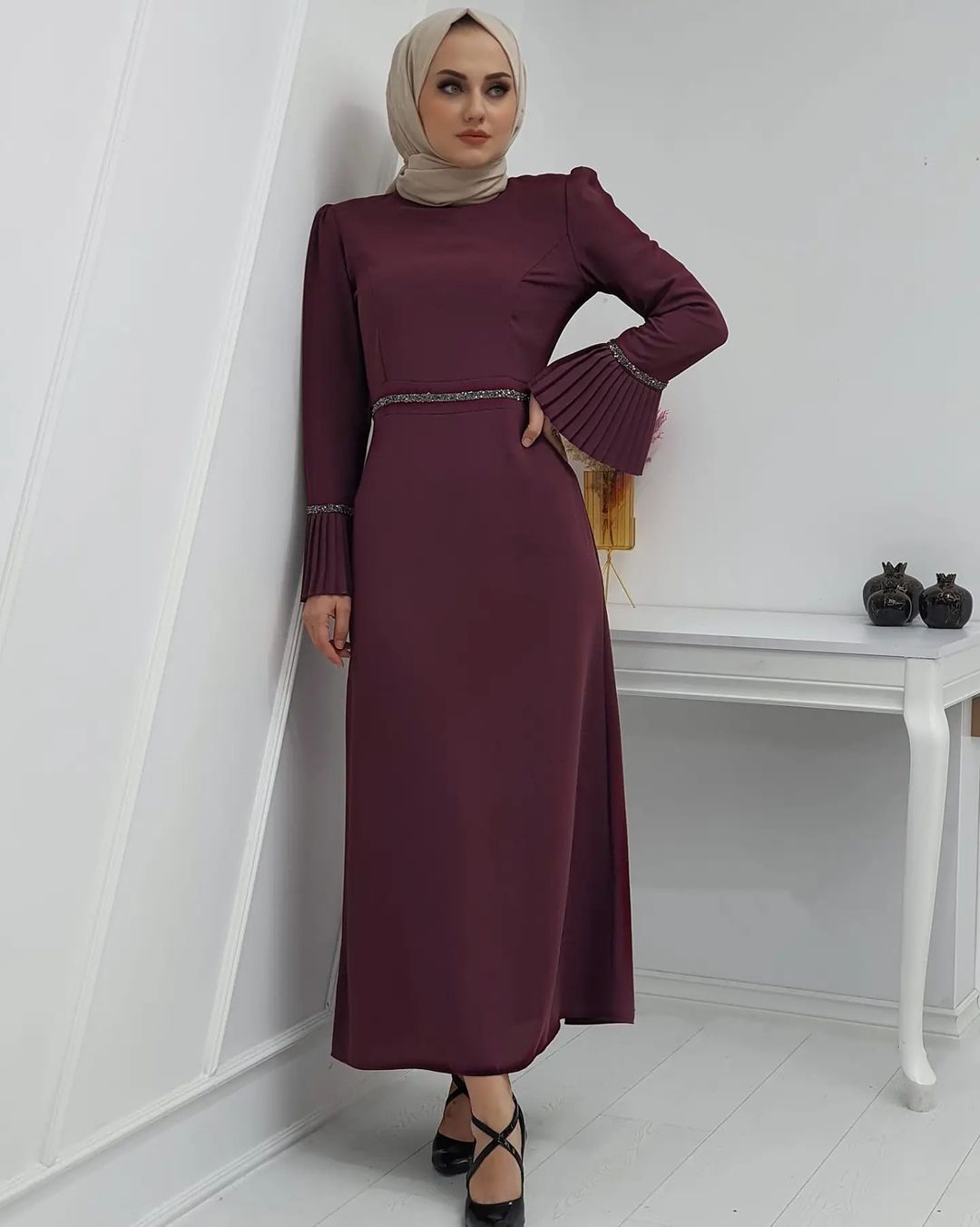 Beli taş detaylı elbise şifon kumaş - Görsel 13