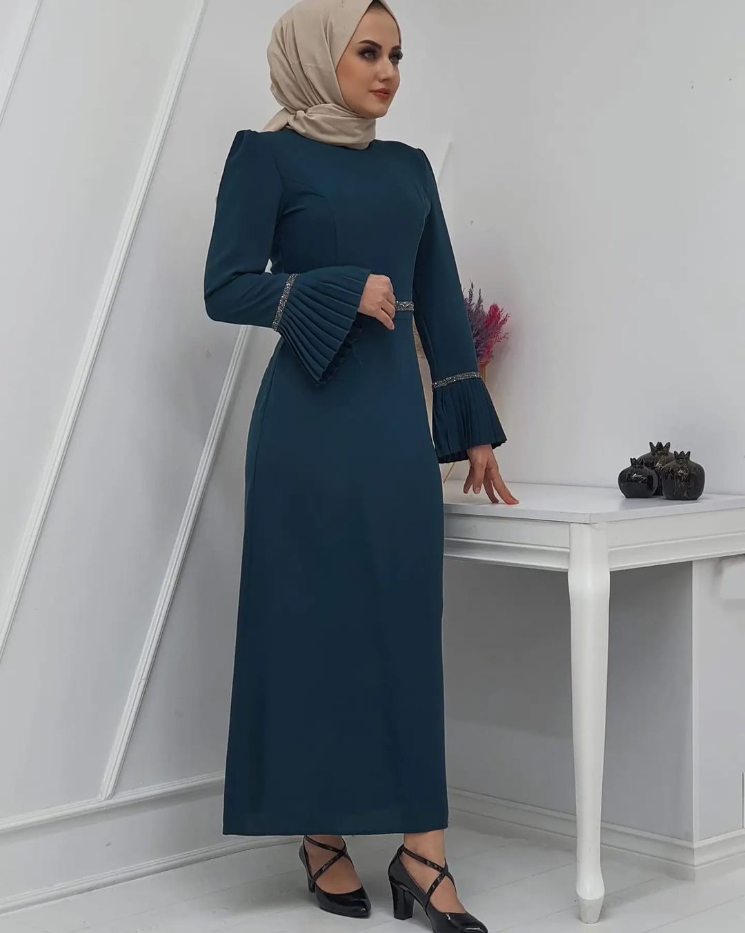 Beli taş detaylı elbise şifon kumaş - Görsel 11