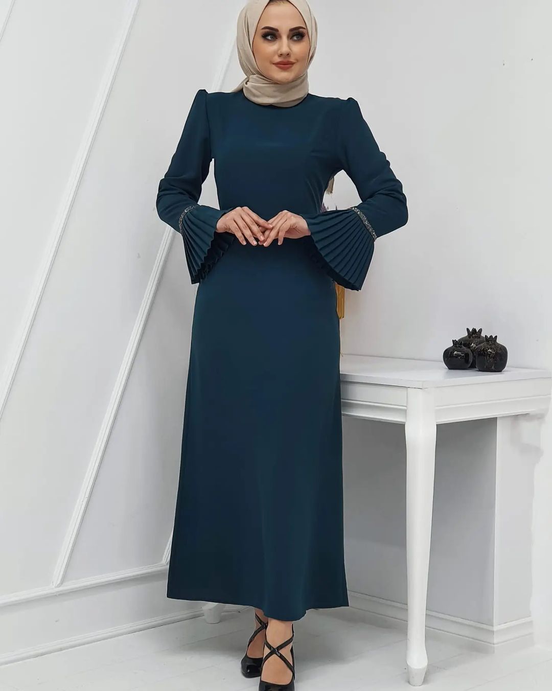 Beli taş detaylı elbise şifon kumaş - Görsel 10