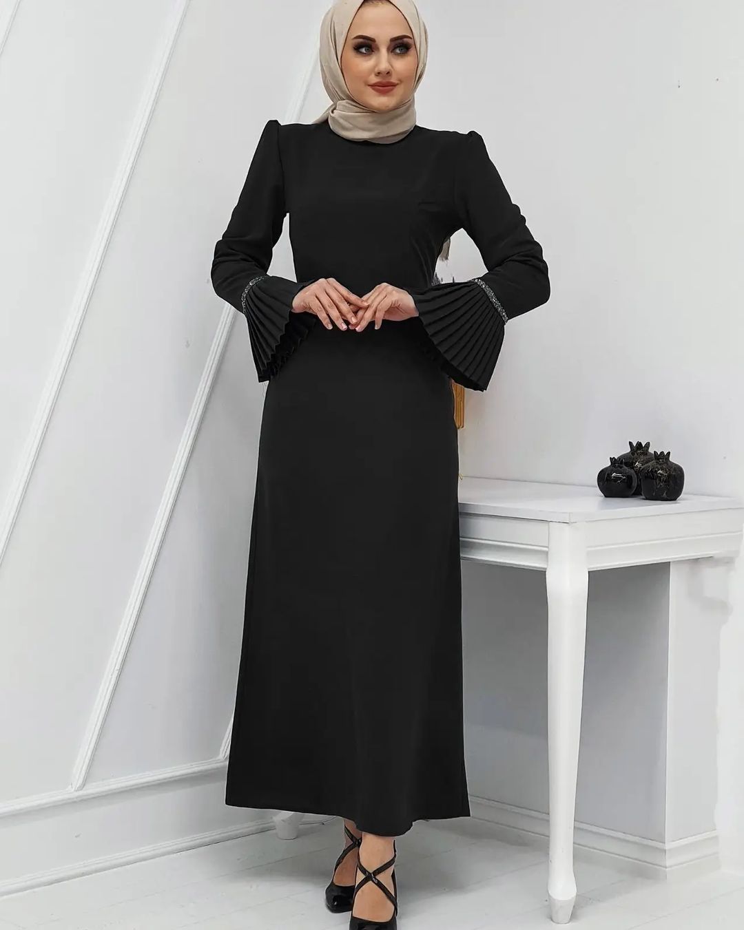 Beli taş detaylı elbise şifon kumaş - Görsel 9