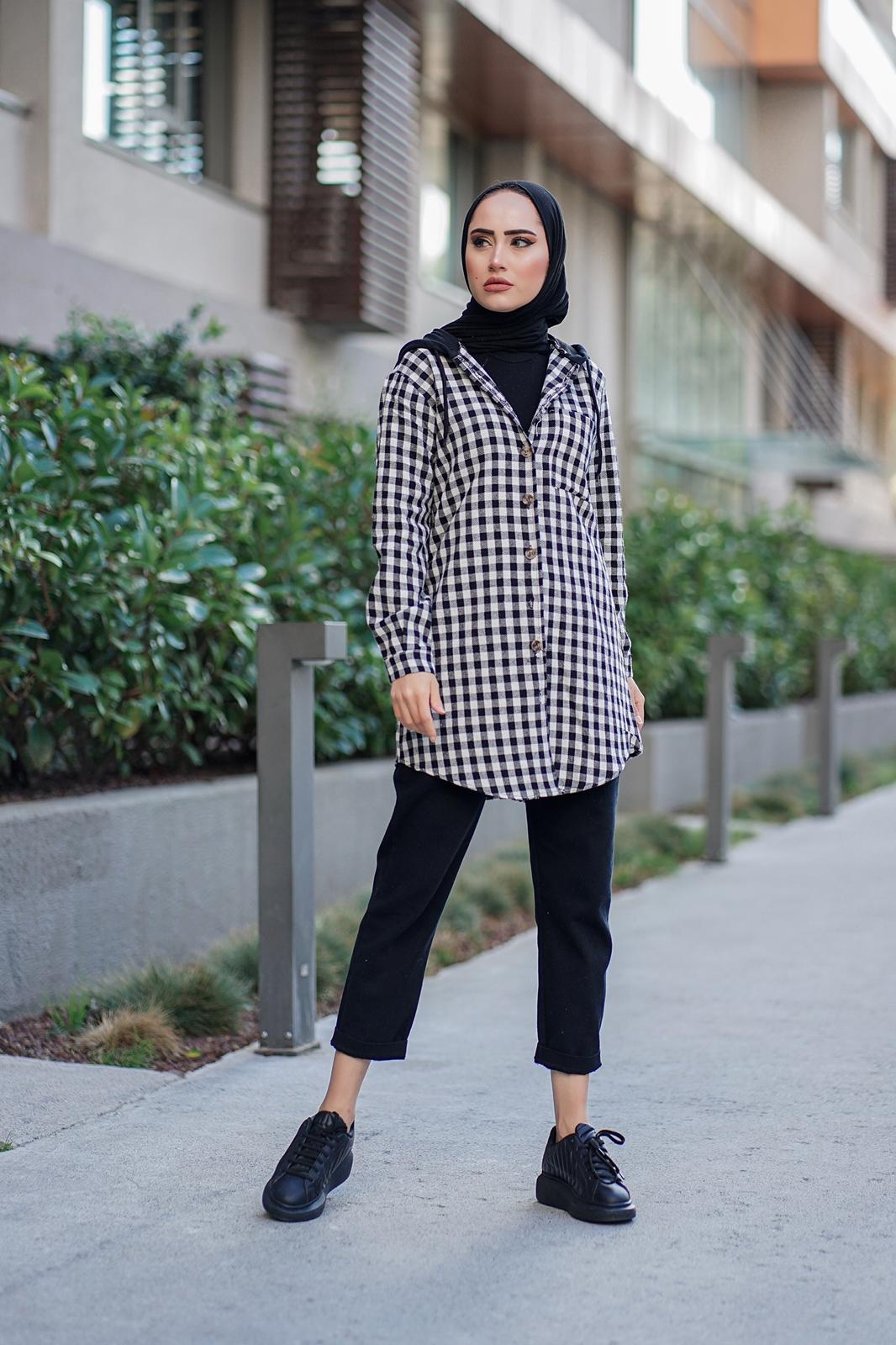 Oduncu kumaş kapşonlu tunik