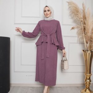 Triko kuşaklı etek tunik takım
