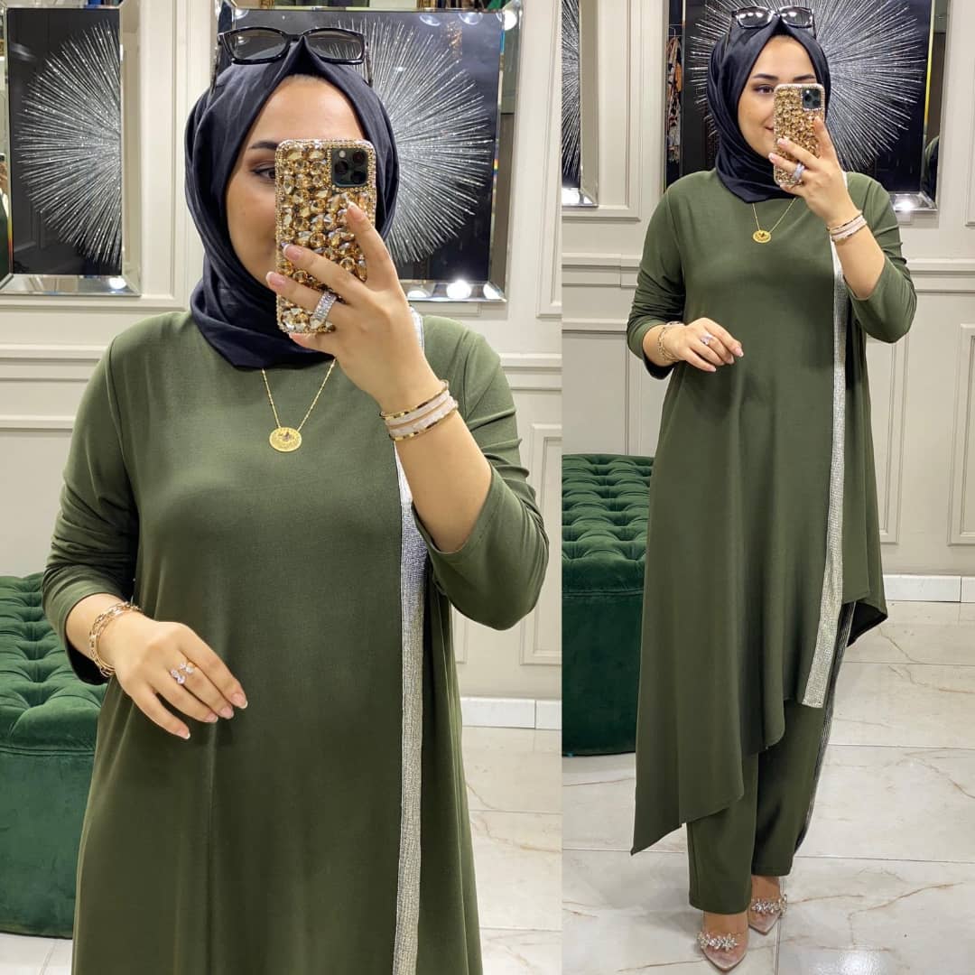 Asimetrik kesim tunik pantolon takım - Görsel 6
