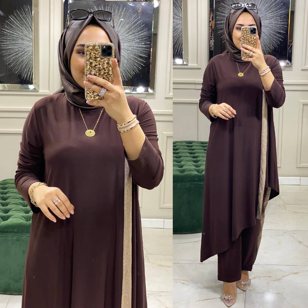 Asimetrik kesim tunik pantolon takım - Görsel 7