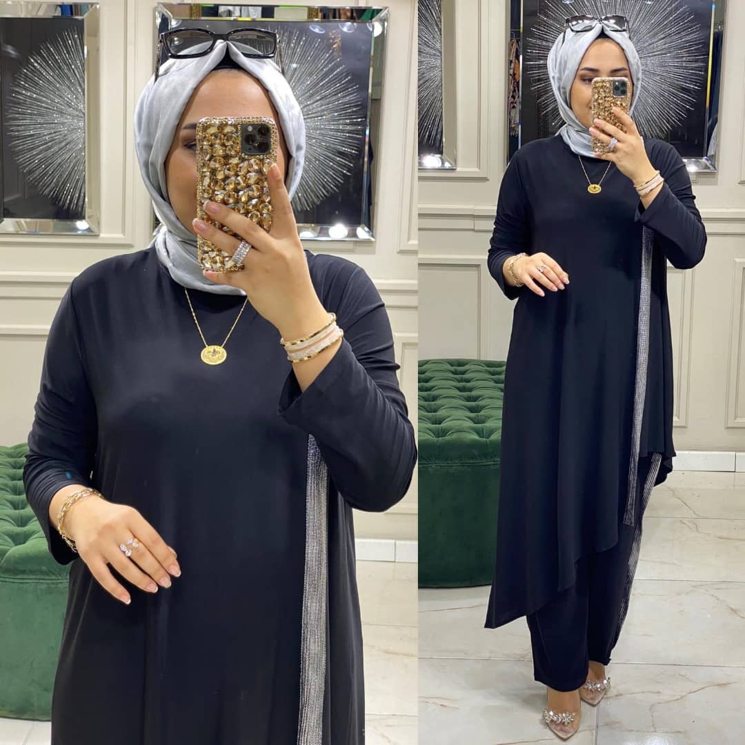 Asimetrik kesim tunik pantolon takım