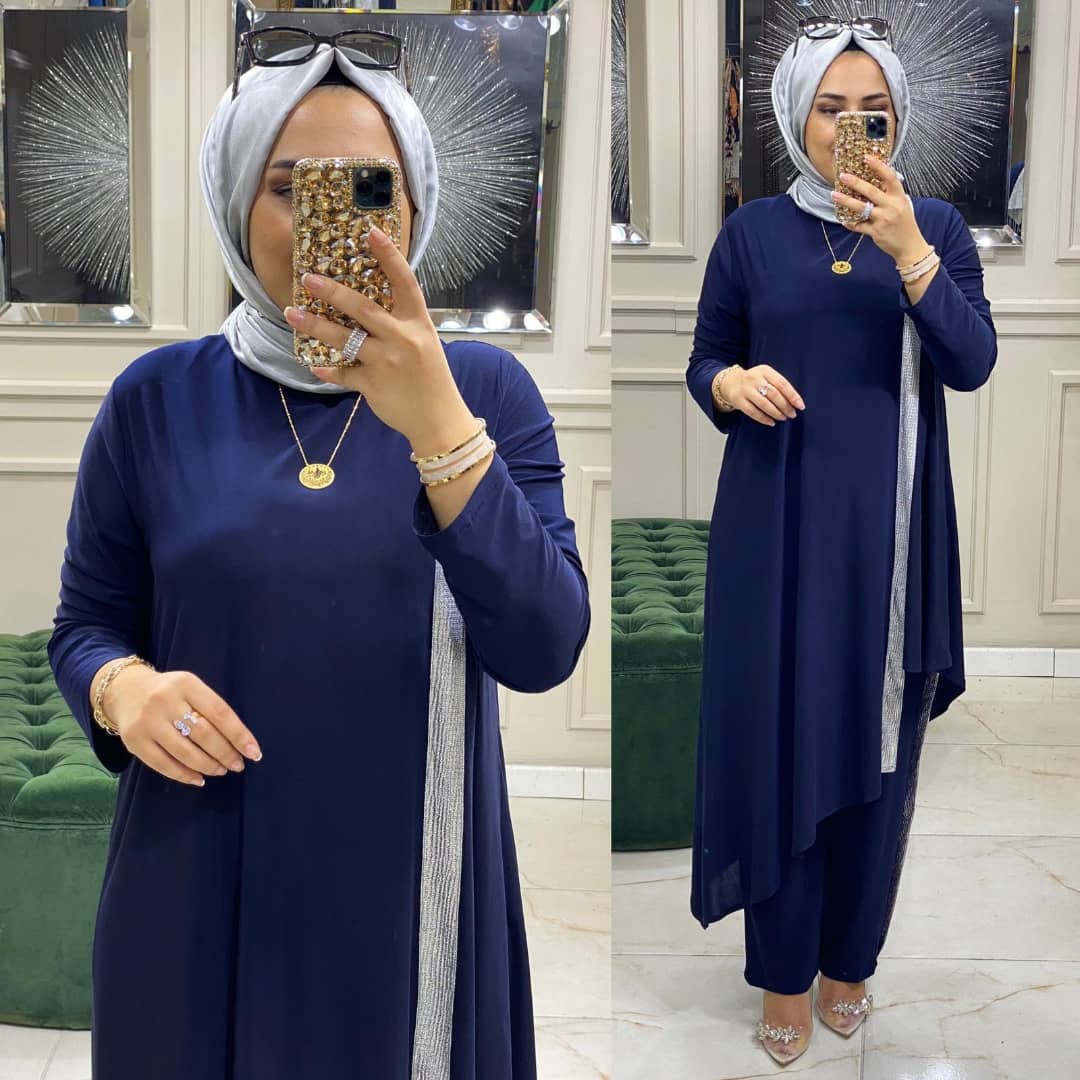 Asimetrik kesim tunik pantolon takım - Görsel 2