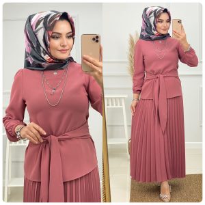 Kuşak bağlamalı etek tunik takım