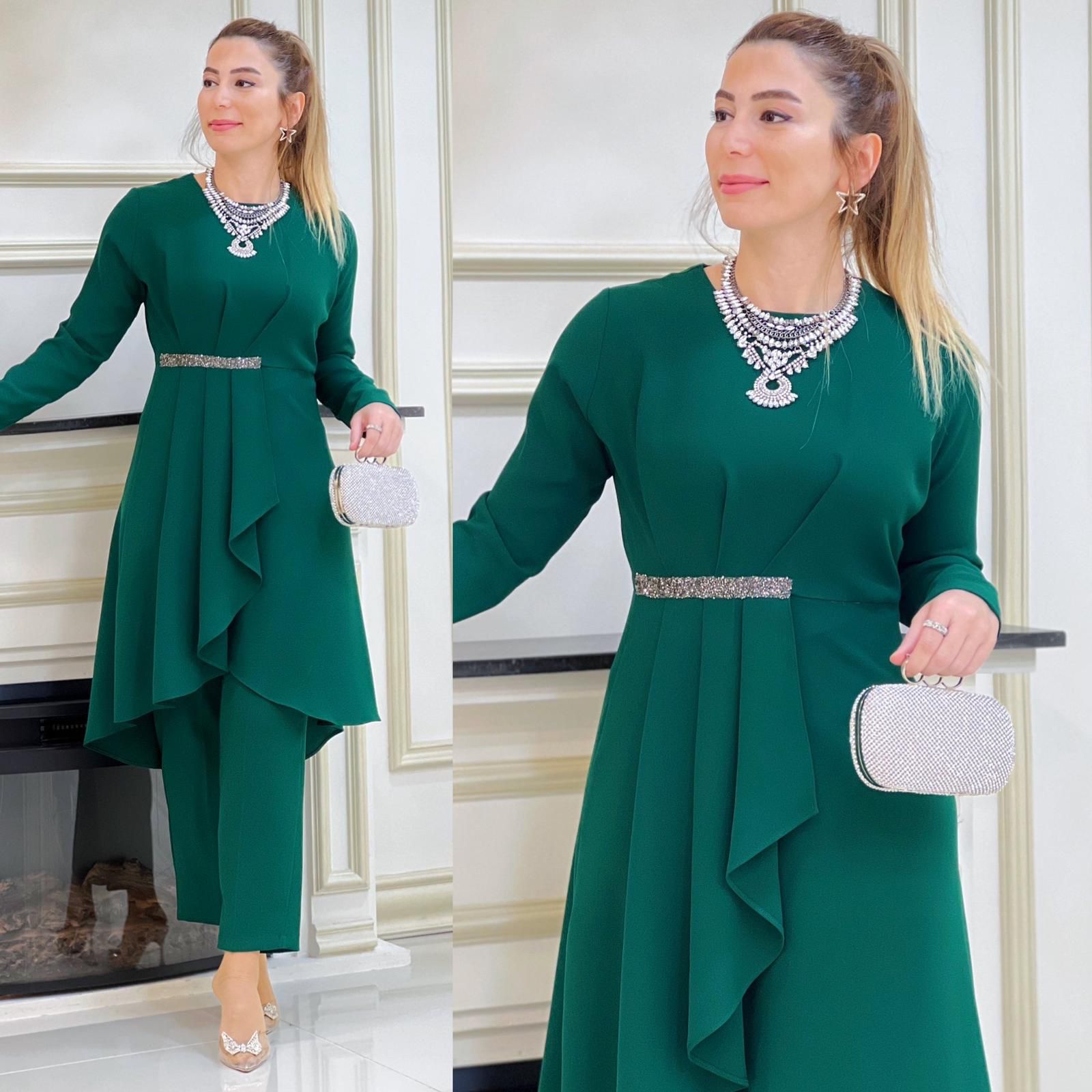 Beli taş işlemeli krep kumaş tunik takım - Görsel 10