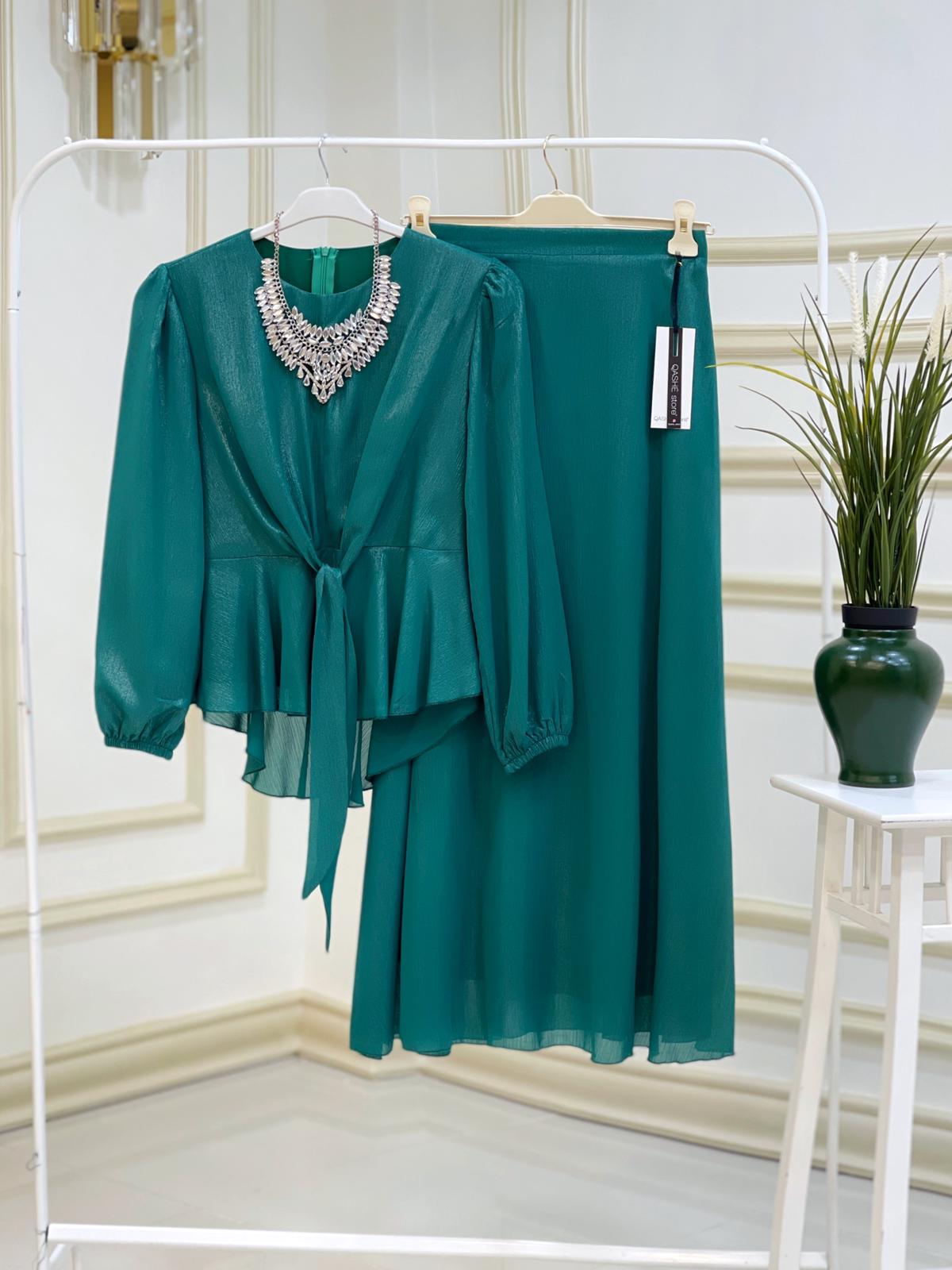 Bağlamalı bluz etek takım krep kumaş - Görsel 15