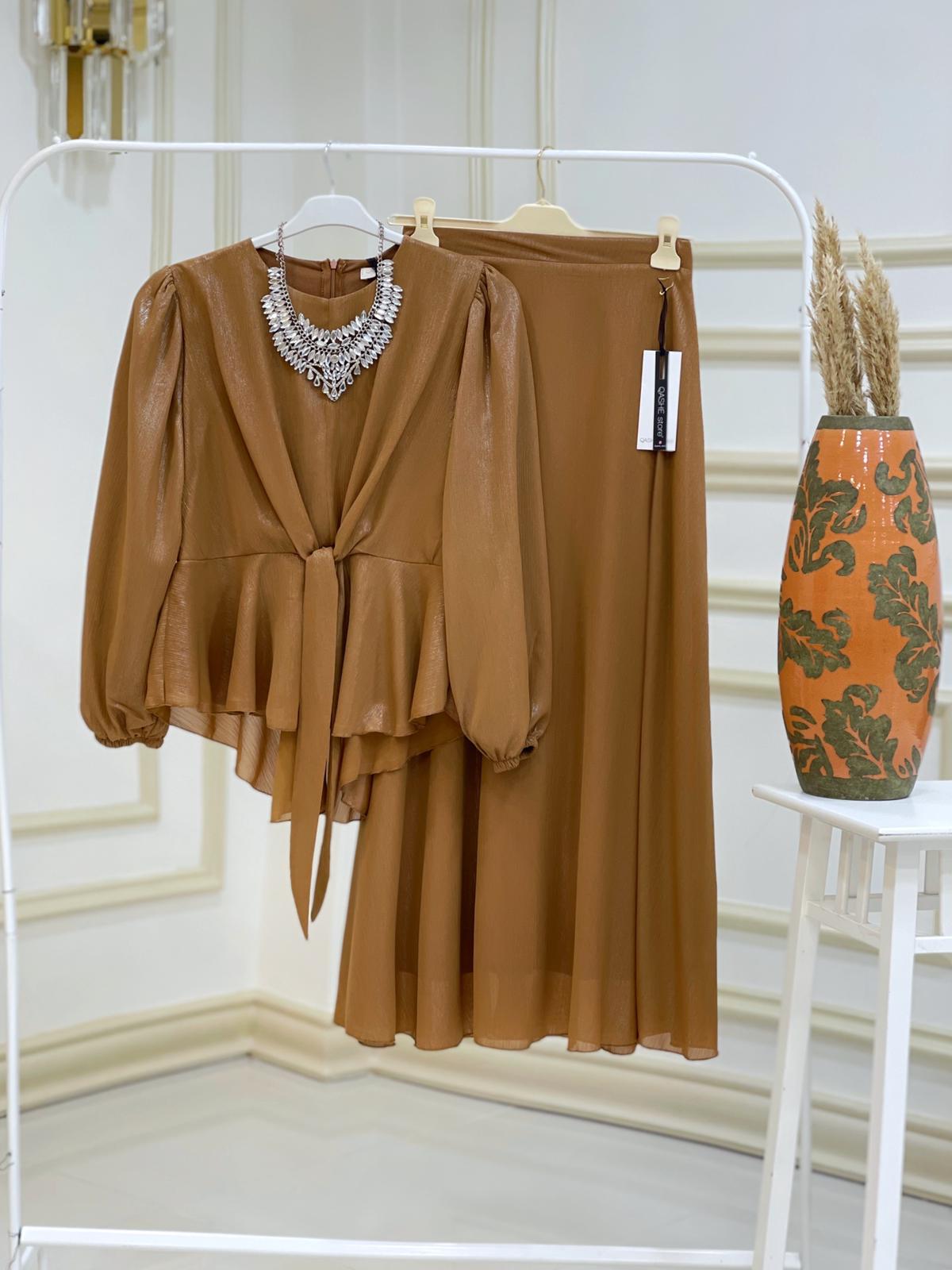 Bağlamalı bluz etek takım krep kumaş - Görsel 14