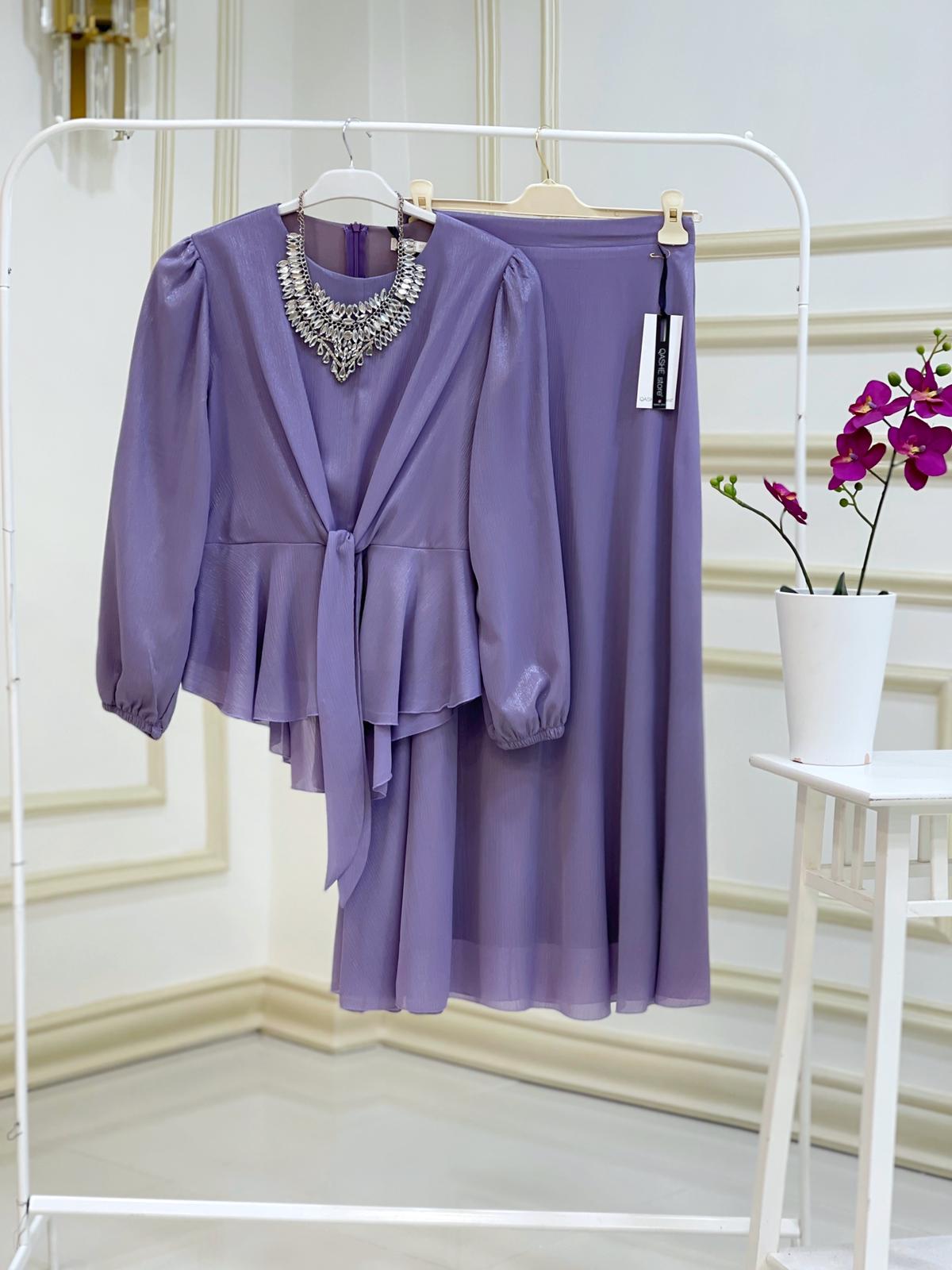 Bağlamalı bluz etek takım krep kumaş - Görsel 11