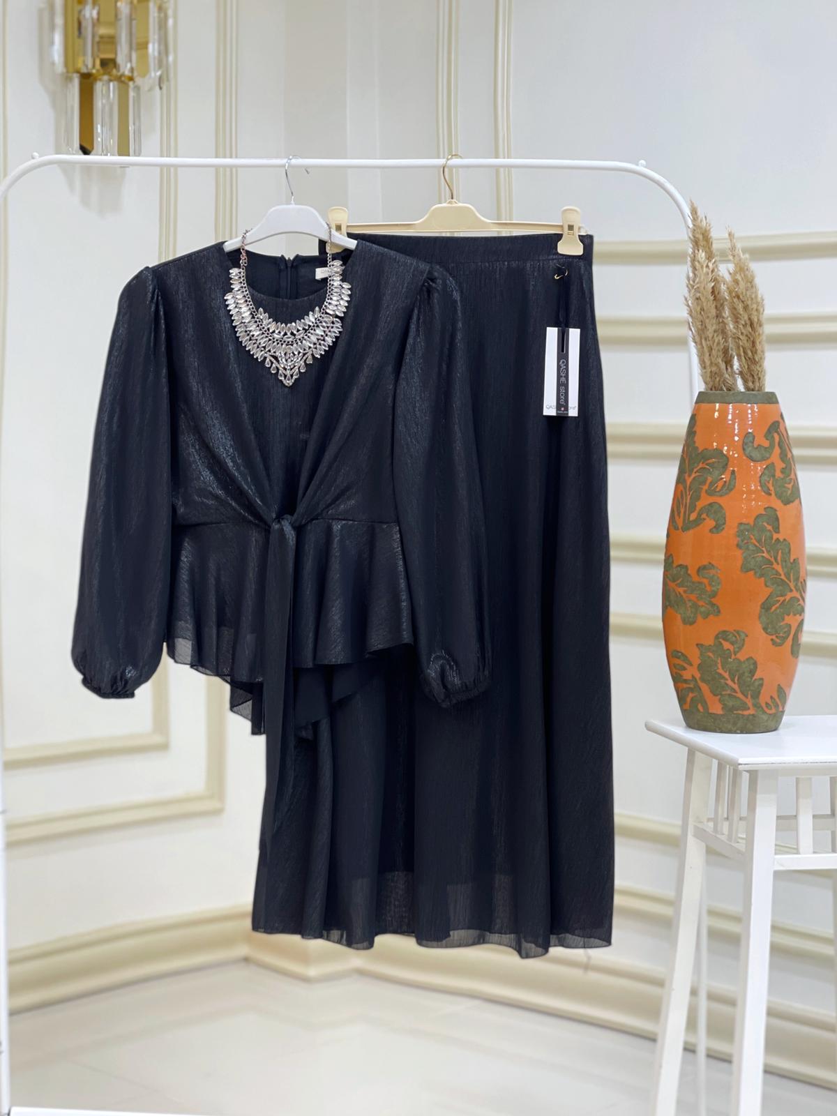 Bağlamalı bluz etek takım krep kumaş - Görsel 12