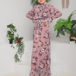 Çiçek desen şifon elbise astarlı