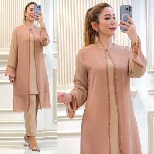 Şifon detaylı krep kumaş tunik takım