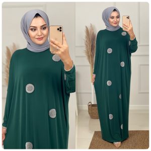 Oval lazer taşlı uzun elbise sandy kumaş