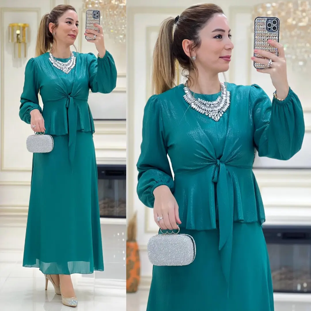 Bağlamalı bluz etek takım krep kumaş