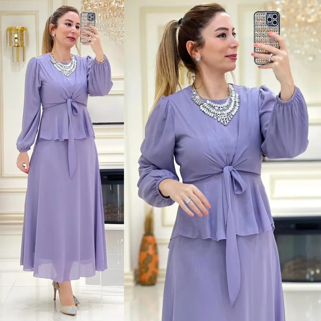 Bağlamalı bluz etek takım krep kumaş - Görsel 4