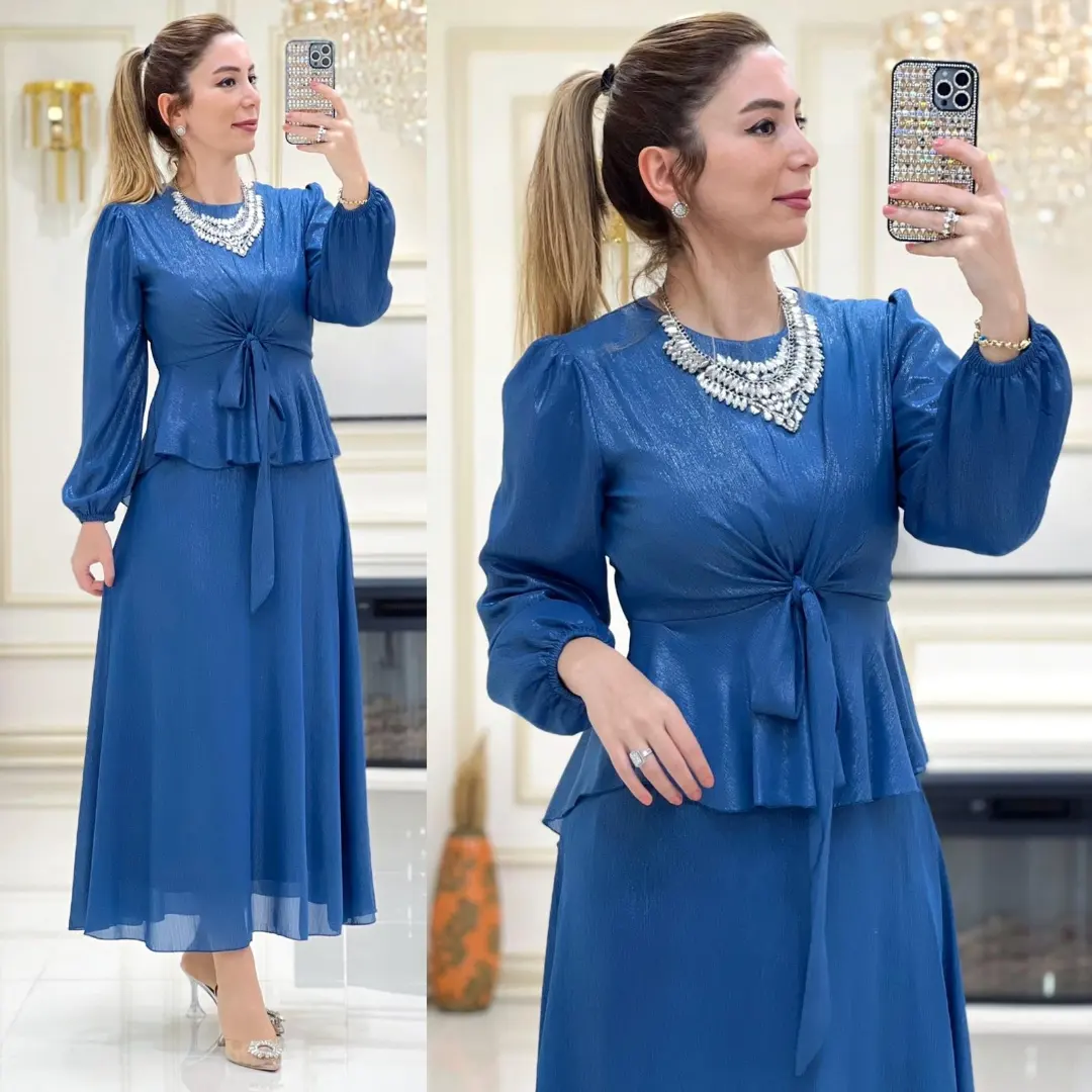 Bağlamalı bluz etek takım krep kumaş - Görsel 6