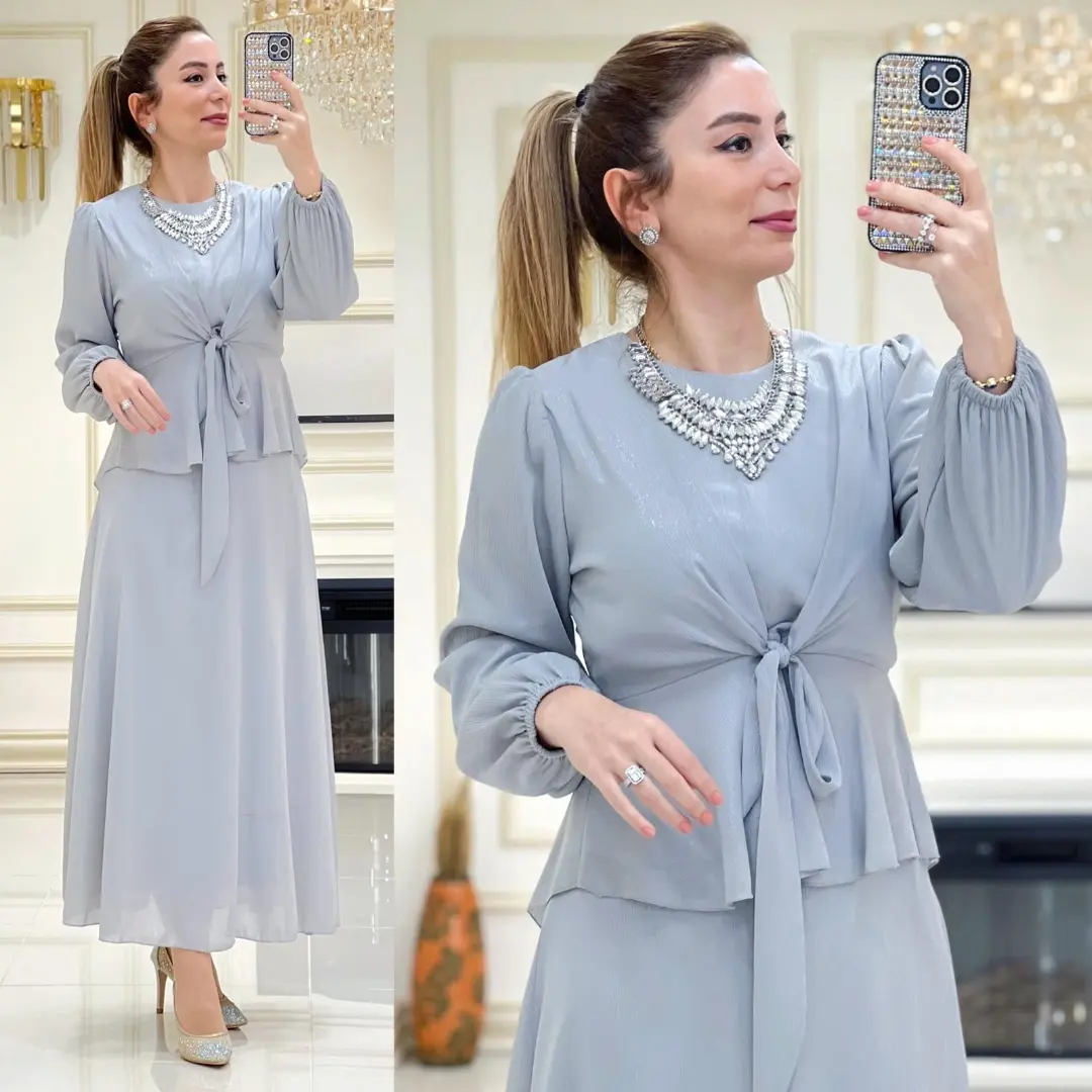 Bağlamalı bluz etek takım krep kumaş - Görsel 7